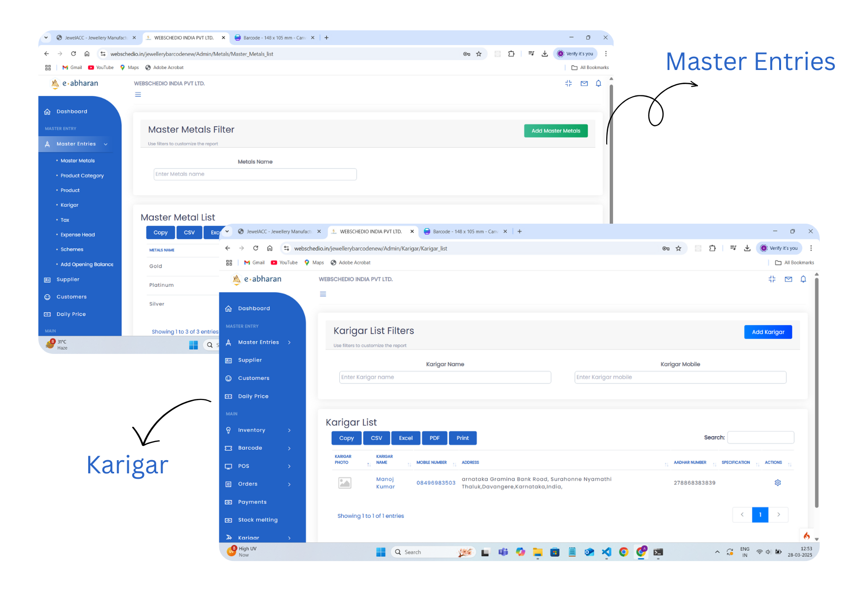 master entries and karigar management of e-abharan software
